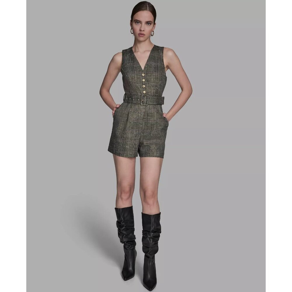 BCBG V-Neck Button Front Belted Tweed Short Romper Sz 12 NWT!